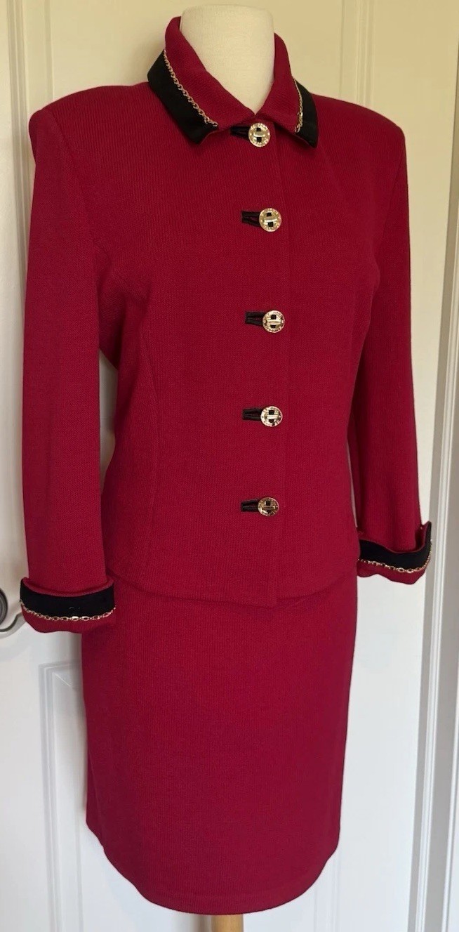 St. John Women’s 3pc Knit Skirt Suit Set Pink Solid Jacket Skirt Top sz 12