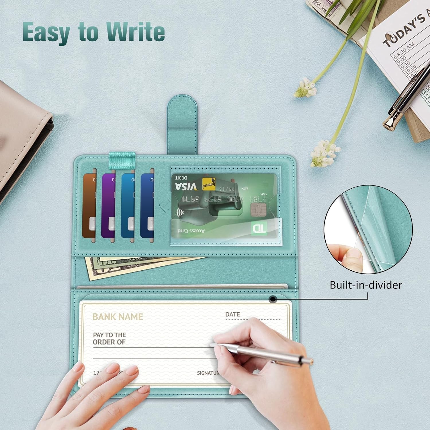 Checkbook Cover RFID Blocking Standard Register Duplicate Checks with Pen Holder