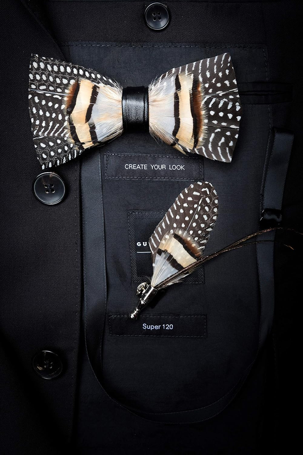 Handmade Feather Pre-tied Bow tie and Brooch Sets for Men