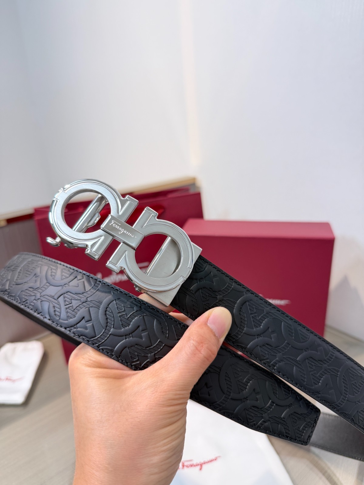 FERRAGAMO Black Gancini Monogram Leather Silver Buckle Belt Size 90 – 3,7 cm