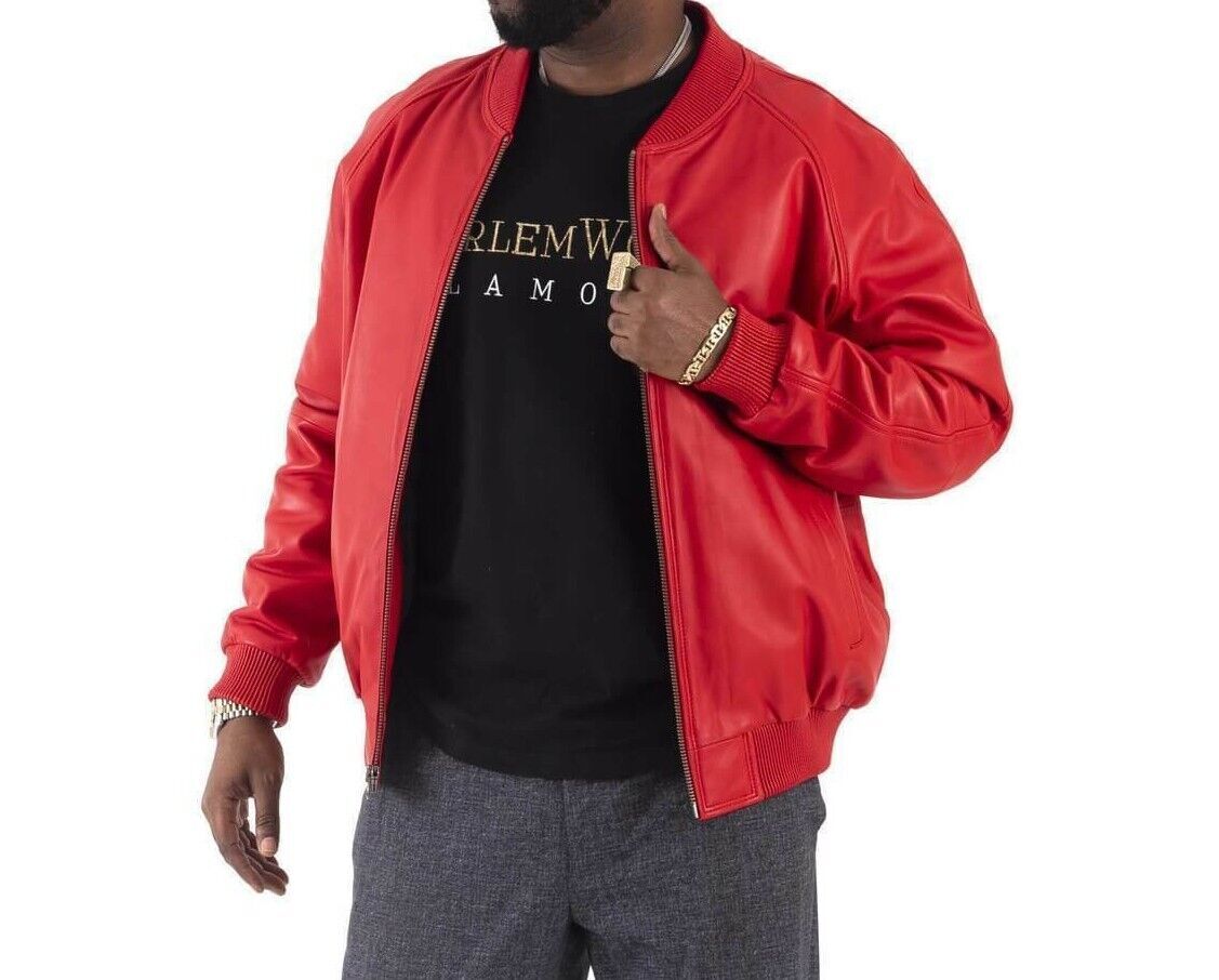 Men’s Genuine Lambskin Leather Red Bomber Jacket Baseball Varsity Style Jacket