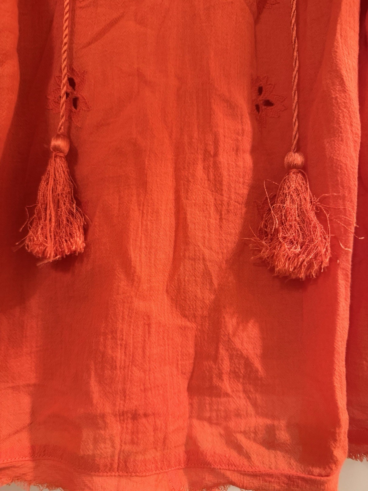 Free People Orange Knit Hoodie XS 100% Cotton V-Neck Hooded Cropped Tassel