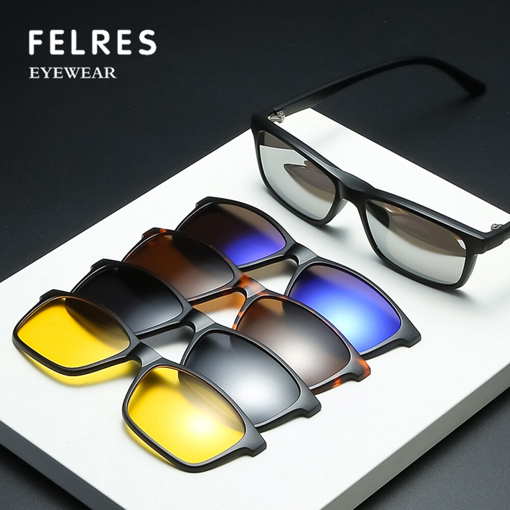 Eyeglasses Frame with 5pcs Magnetic Clip On Polarized Sunglasses Square Glasses