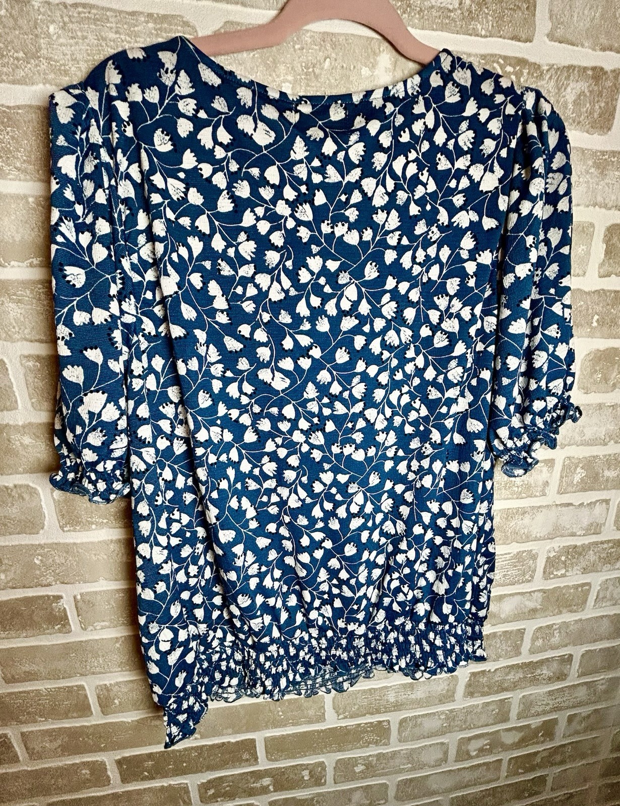 Melloday Blue White Floral V-Neck Smocked 3/4 Sleeve Blouse Plus 1X