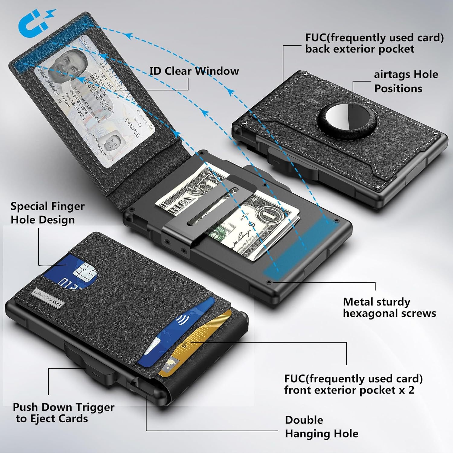 Men Slim Pop Up Bifold Wallet with Money Clip, Minimalist Wallet RDIF Blocking