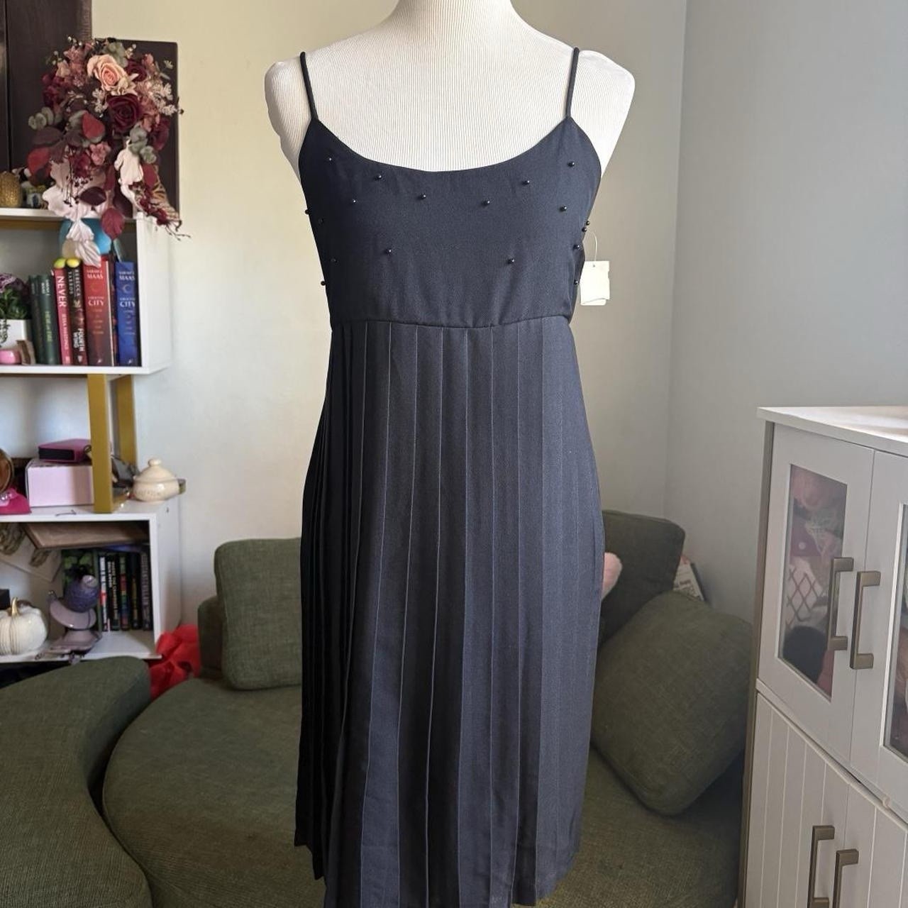 Vintage Black Beaded Mini Dress Pleated Slip Babydoll, 90s, fairy, grunge, goth