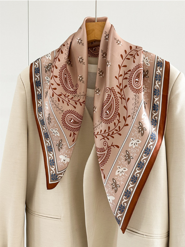 100% Silk Mulberry Shawl 26” Bandana Beige lace Print Neckerchief Scarf Wrap