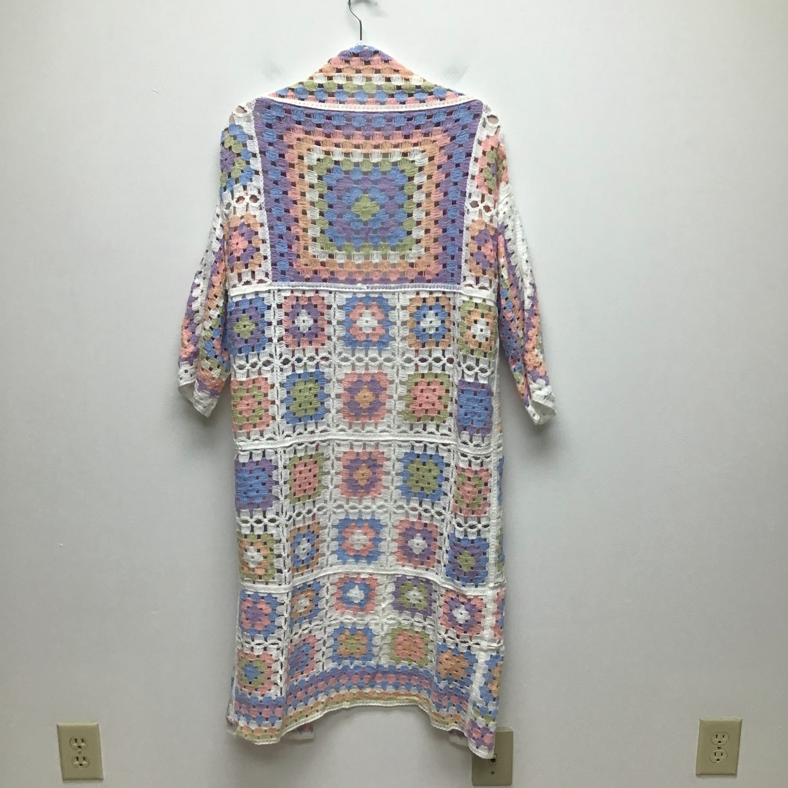 POL Pastel Crochet Cardigan Womens Granny Square Open Front Boho One Size NWOT