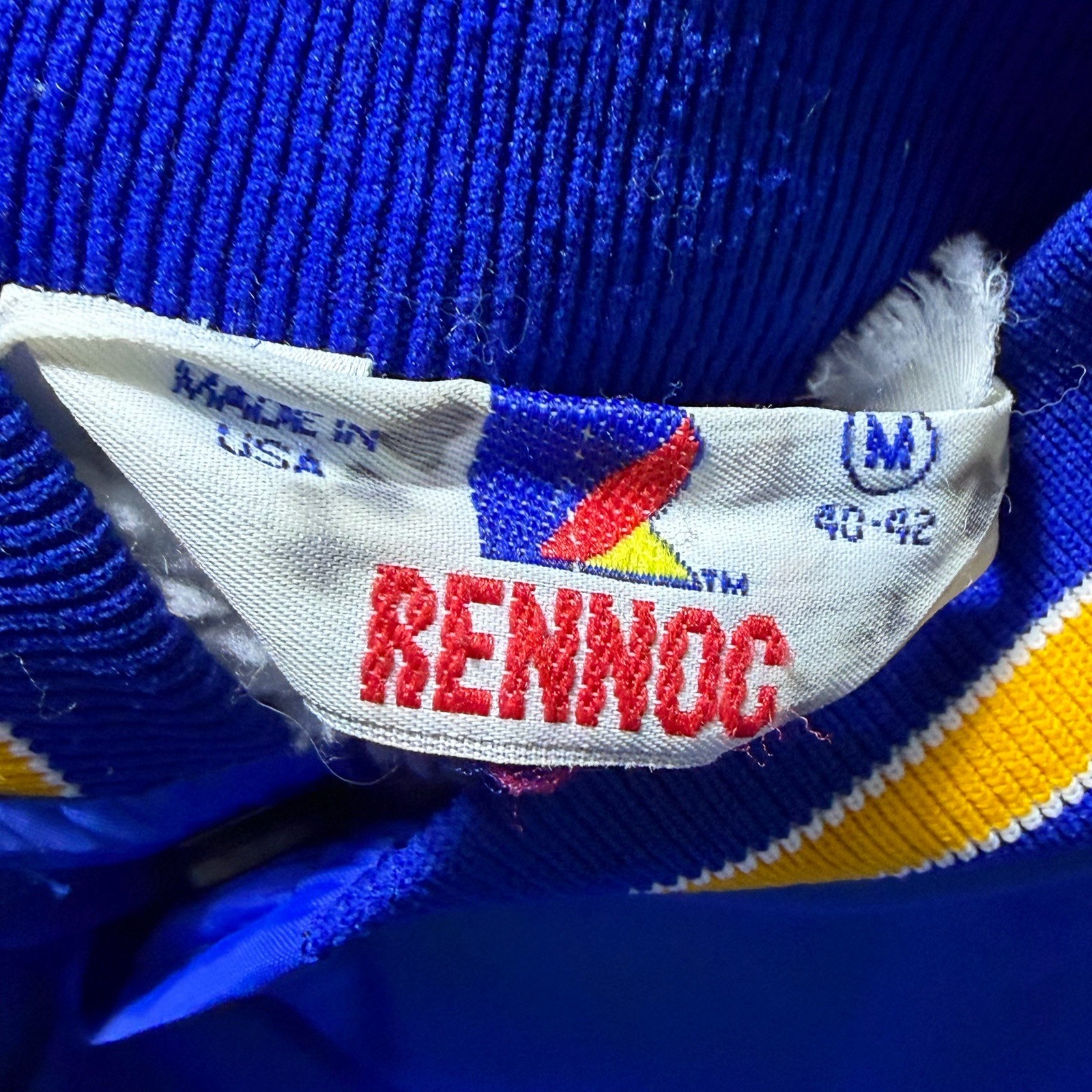 Vintage USA Satin Bomber Jacket Soccer BYC Blue Yellow Fleece Lined Renno Mens M