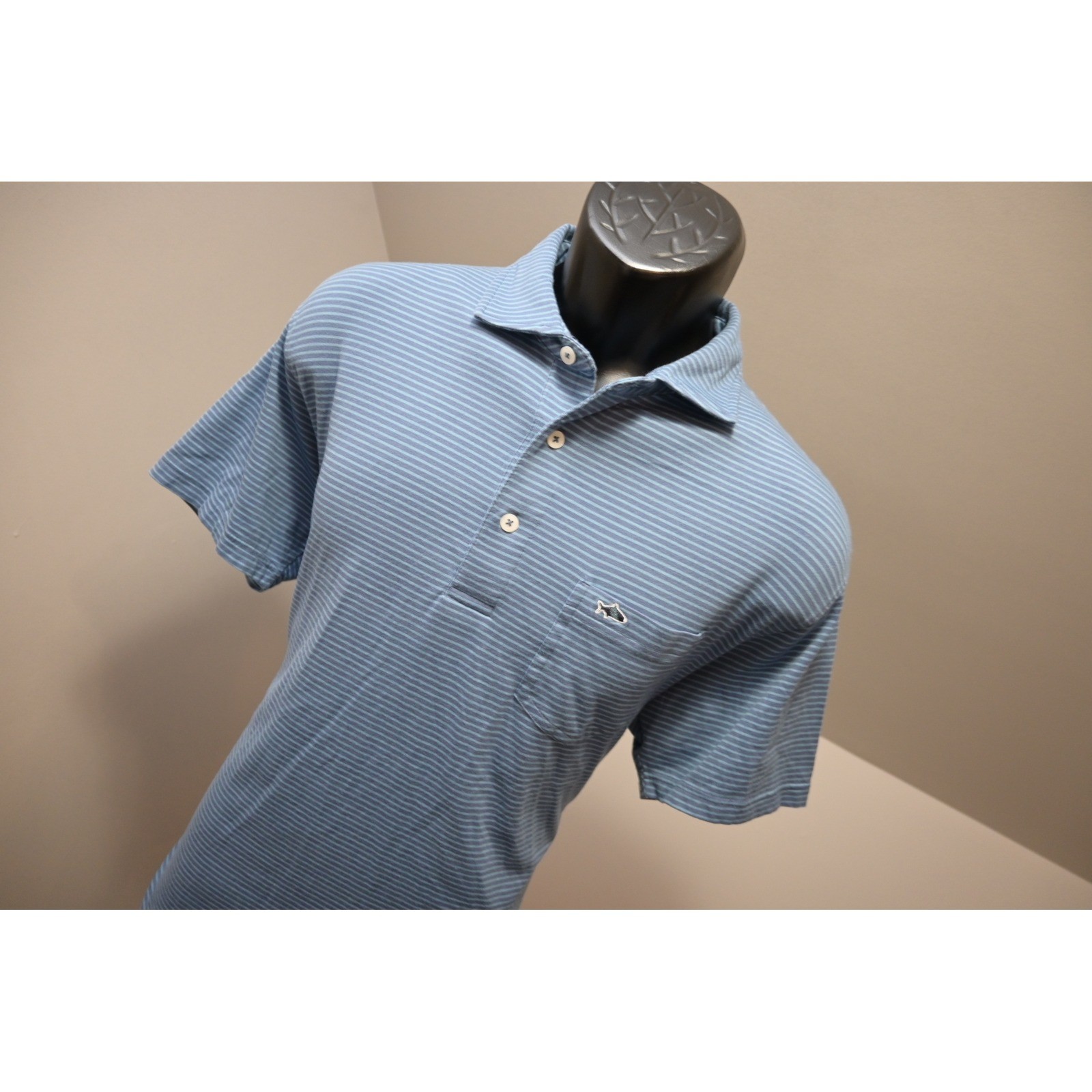 Fish Hippie Co Polo Shirt Mens Medium Blue Striped Pima Cotton Stretch Excellent