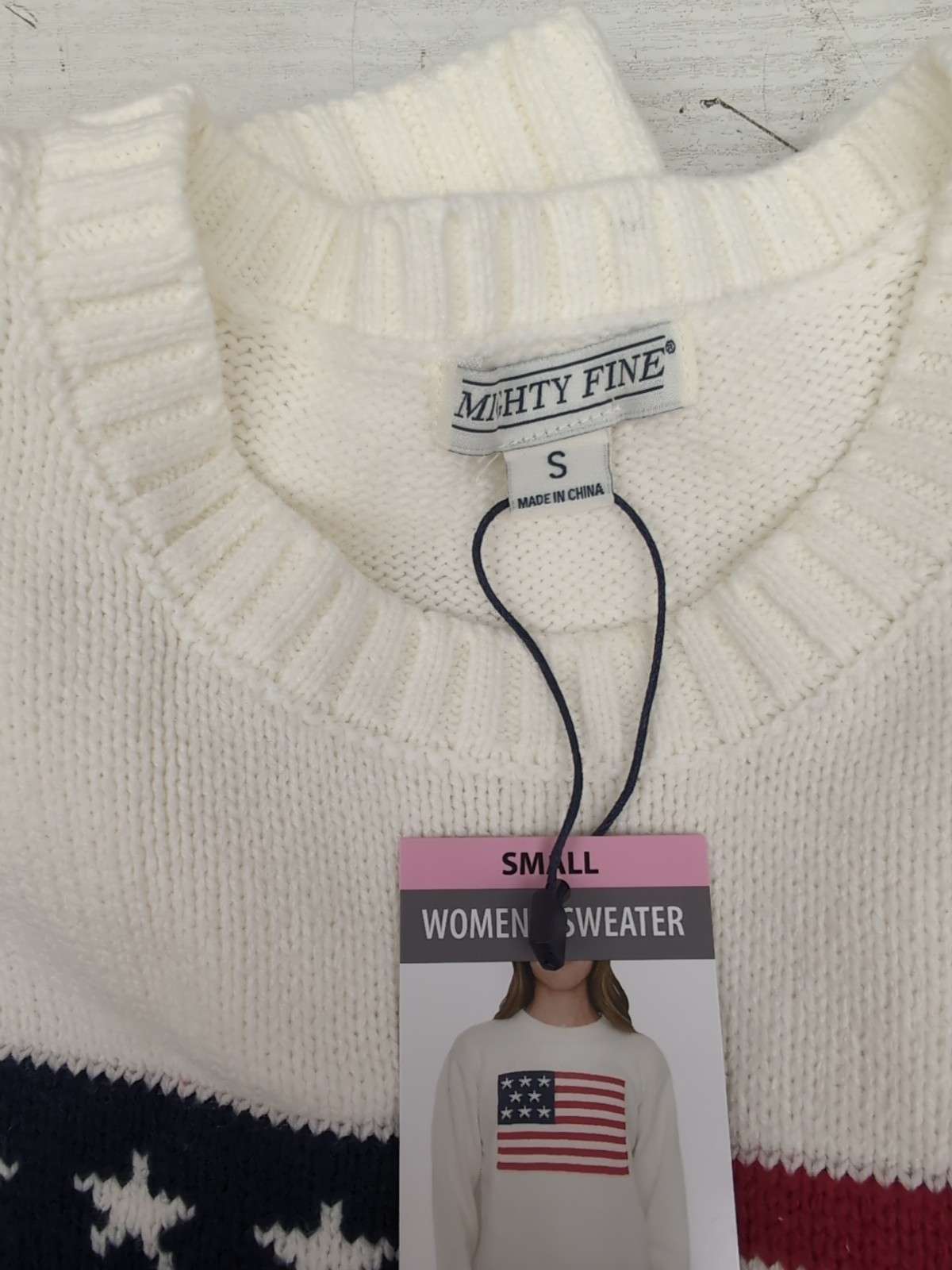 Wmns Mighty Fine Midweight Crew Neck Americana Sweater Cream Flag Sz SM