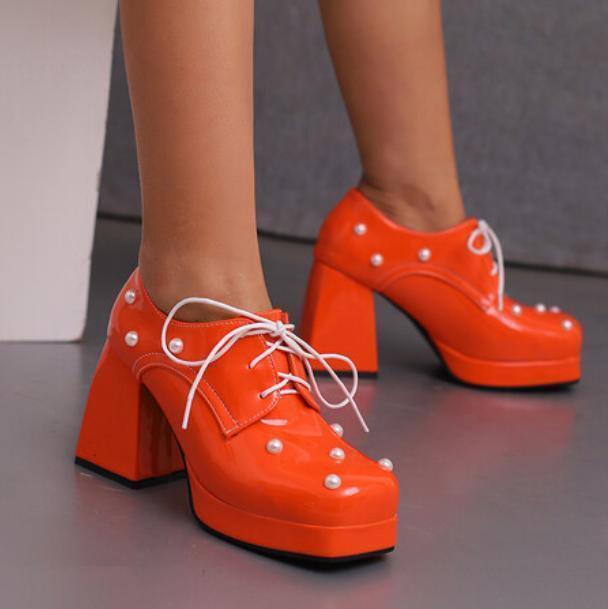 Women Square Toe Beaded Lace Up Pumps Candy Color Mary Jane Shoe Block Heel Pump