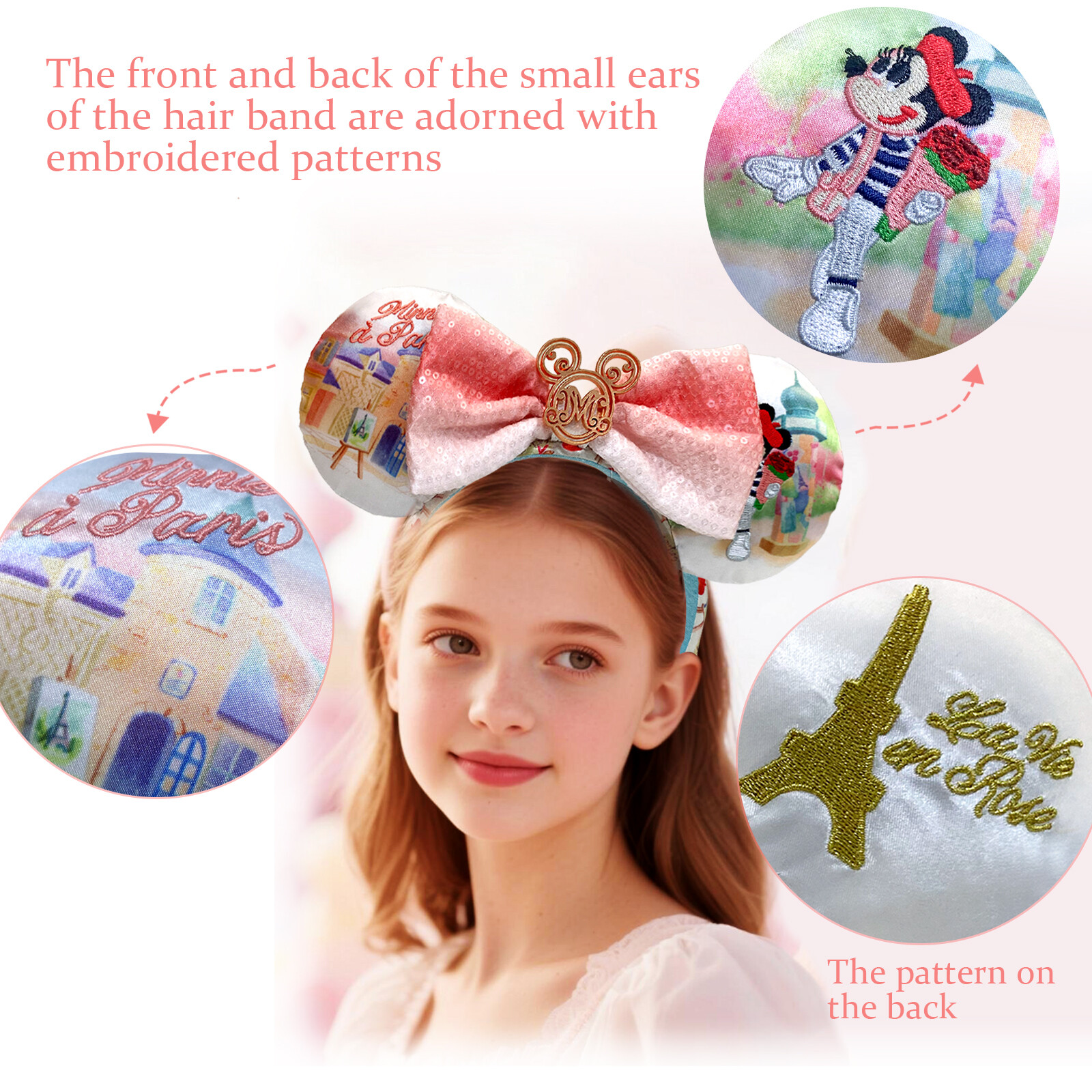Disney-Park’s Epcot France Paris Minnie Mickey Mouse Ears Bow Headband Rose US