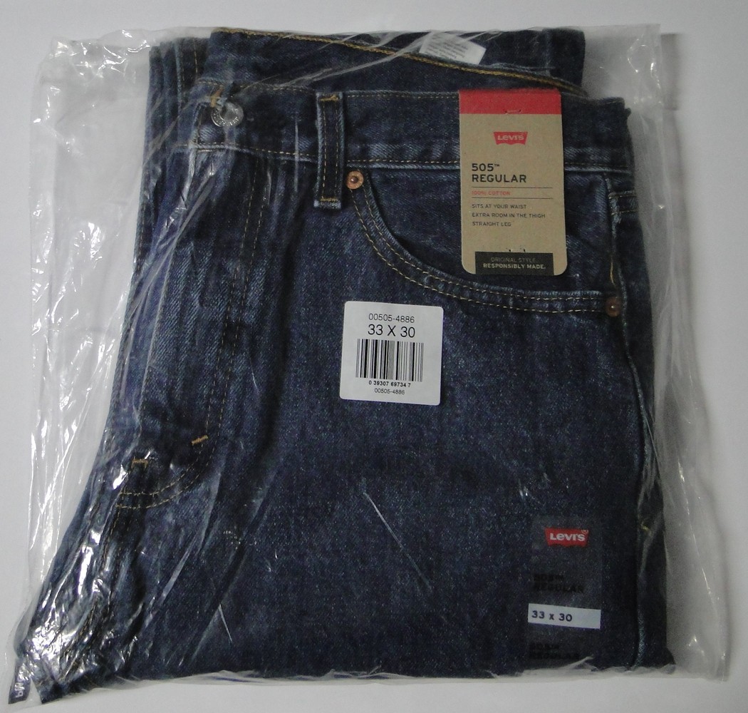 Levi Men’s 505 Regular Fit Jeans, Dark Stonewash, 33W X 30L NEW SEALED !