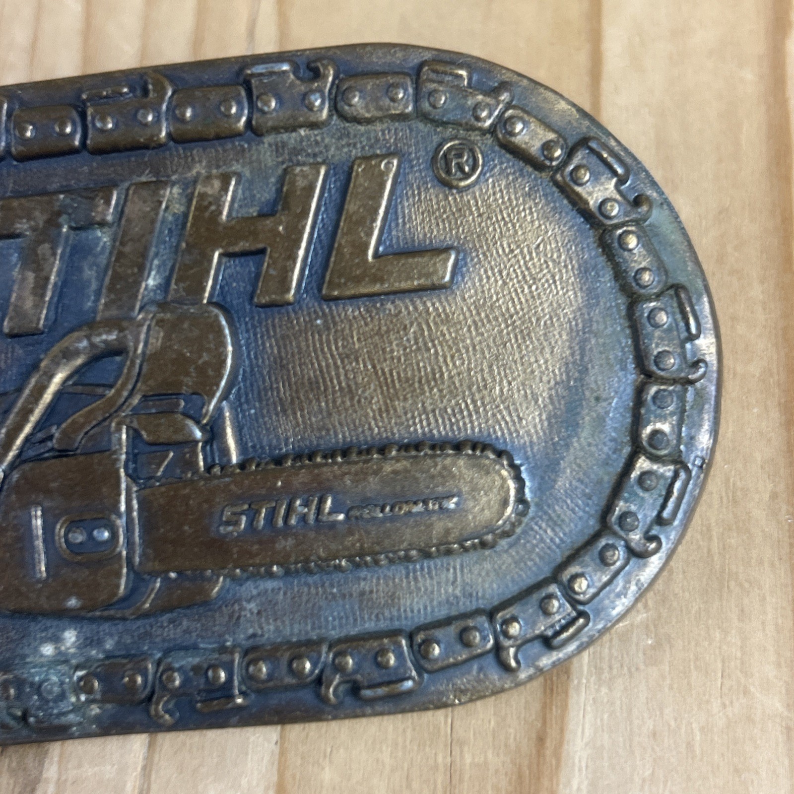 STIHL Chainsaw Belt Buckle Brass Chain Border Vintage 1980s