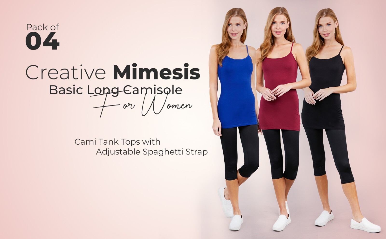 [4 pack] Women Long Camisole Tank Tops Cotton Basic Cami Tops W/ Straps S ~ 3XL