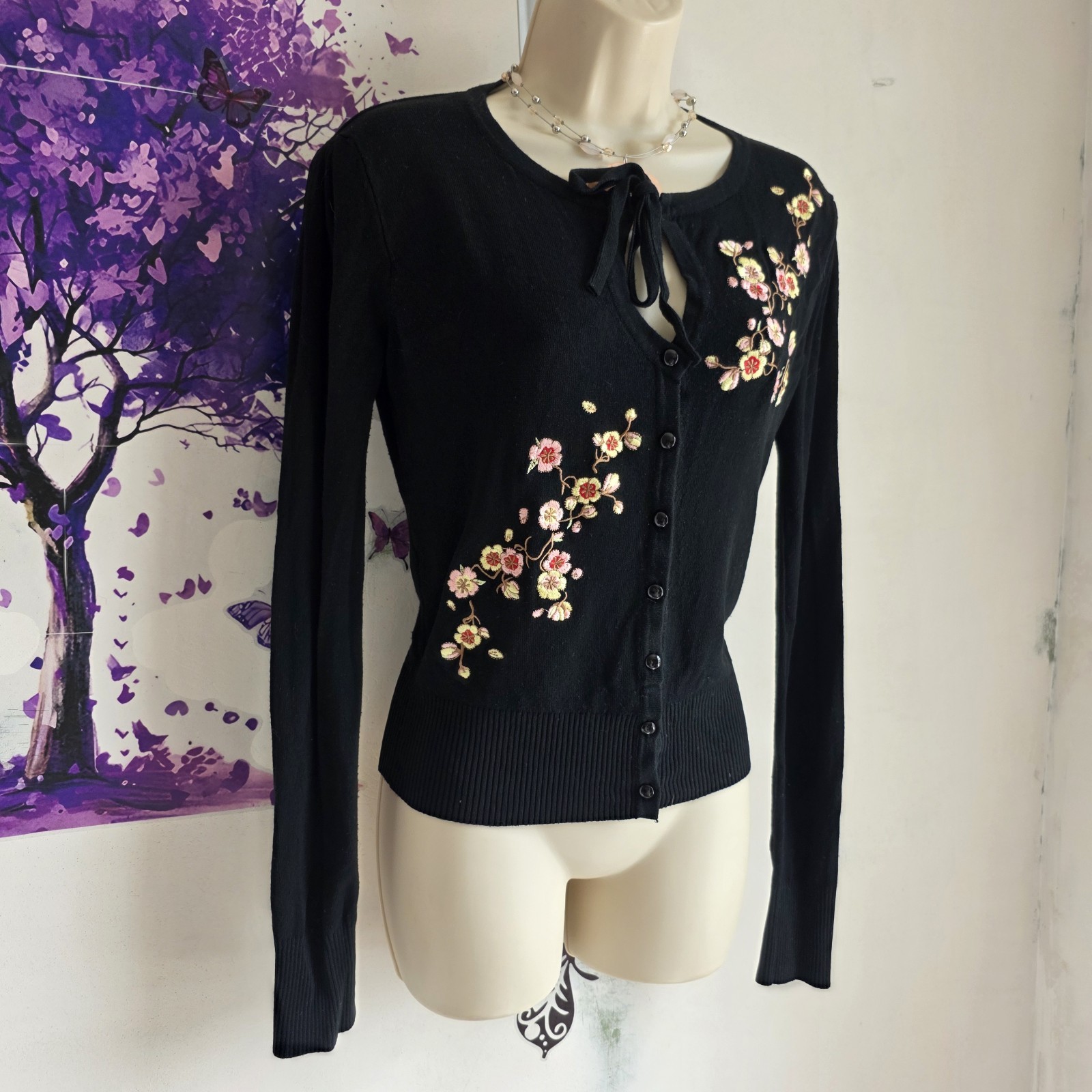 Dancing Days by Banned Retro Cardigan Black Embroidered Floral Blossom 12 14