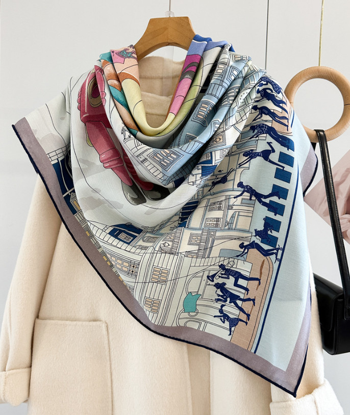 70% Cashmere 30% Silk Wrap Scarf Horse Print Double Face Print Shawl 135X135cm