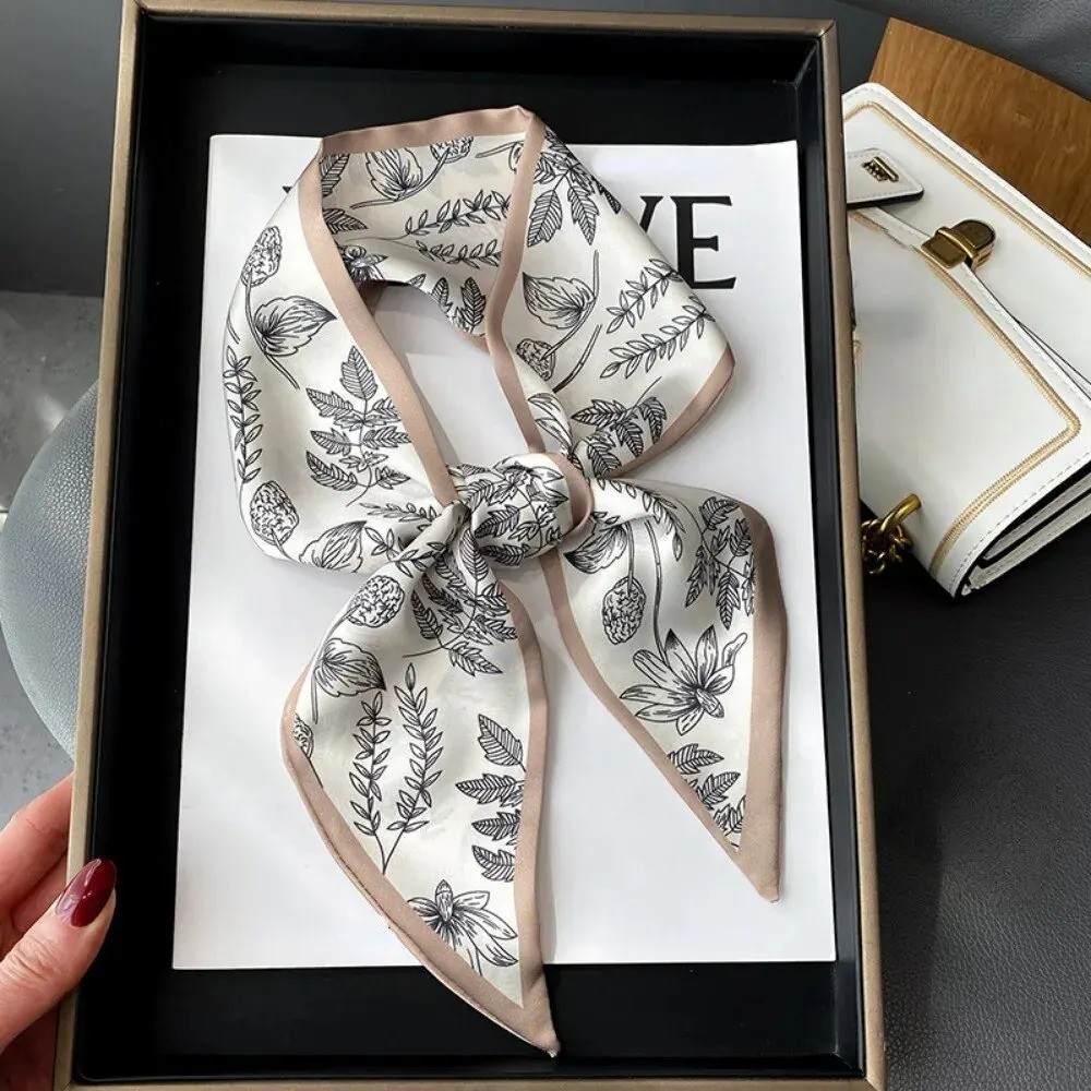 Women Floral Satin Silk Skinny Scarf Hair Ribbon Neck Tie Bag Handle Wrap