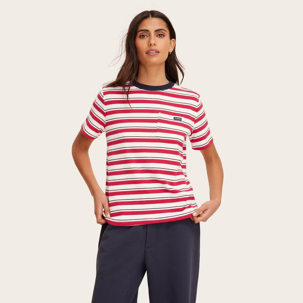 Women Short Sleeve Crewneck Pocket T-Shirt – Parke Red/Navy Striped S
