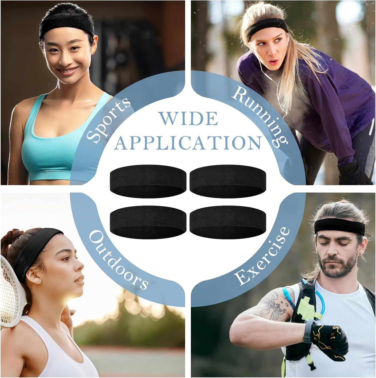 4 Pack Headbands for Men, Sweat Bands Headbands Men & Women, Cotton Terry Sweat