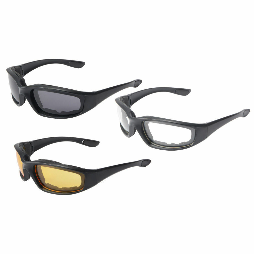 3 Pair Chopper Riding Motorcycle Glasses Clear Smoke Yellow, Padded, Comfortable
