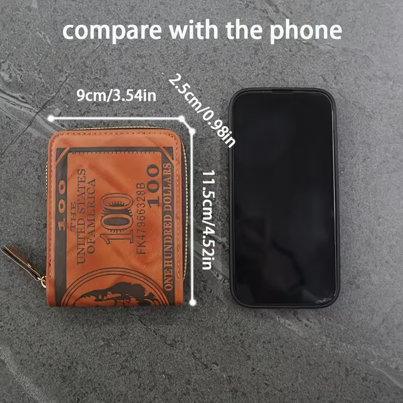 Men US $100 Dollar Bill Novelty Leather Bifold Wallet Card Holder with zipper