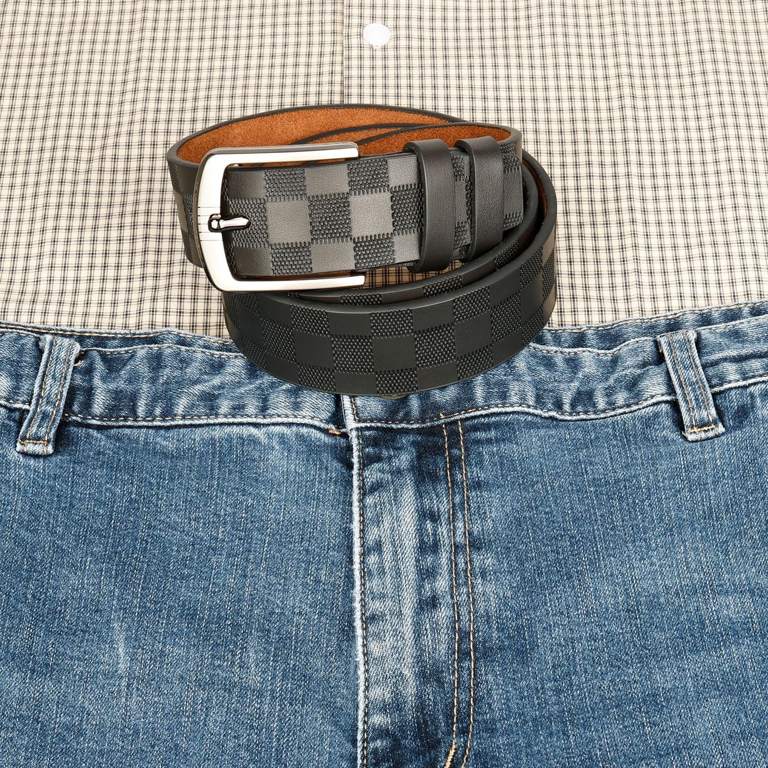 Men’s 3.8cm Checkered Belt – Double Bonded Split Leather, Laser Alloy Buckle,…