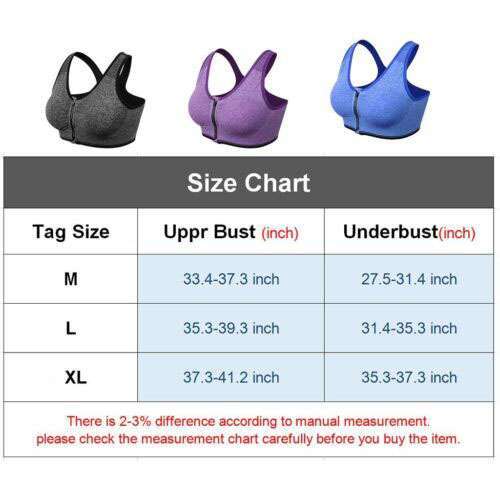 Sports Bra Women High Impact Running Yoga Workout Bra Zip Front Closure M/L/XL