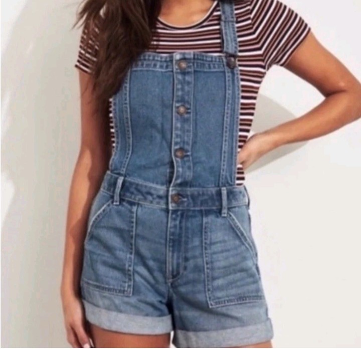 Hollister Denim Shortall Bib Overalls Sm High-Rise Mom Short Cargo Y2K Festival