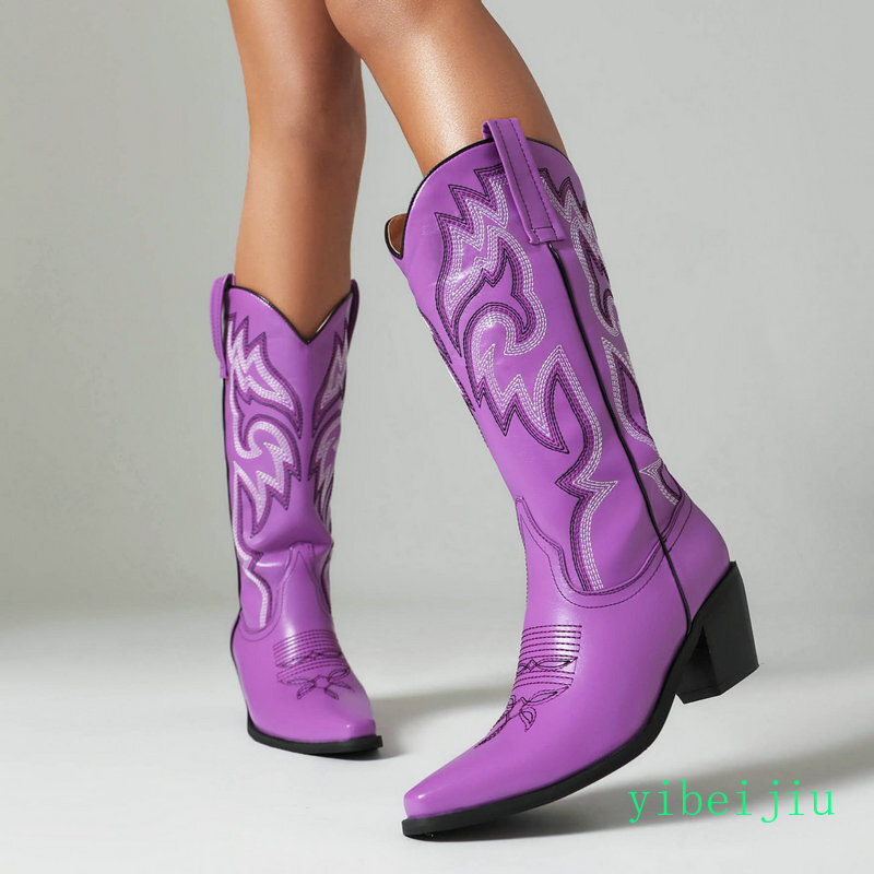 Women’s Western Cowboy Mid Calf Boot Embroidery Sweet Candy Heel Leather Shoes