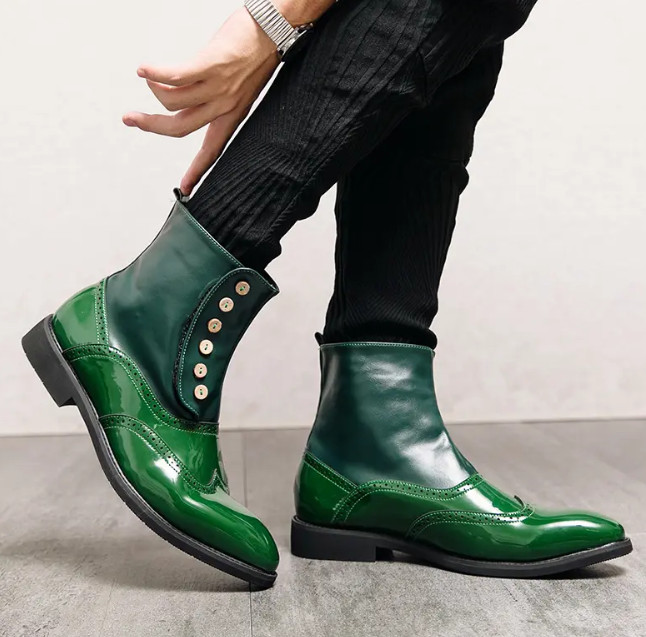 Shiny Green Men’s Pointy Toe Ankle Boots High Top Casual Fashion Shoes Punk