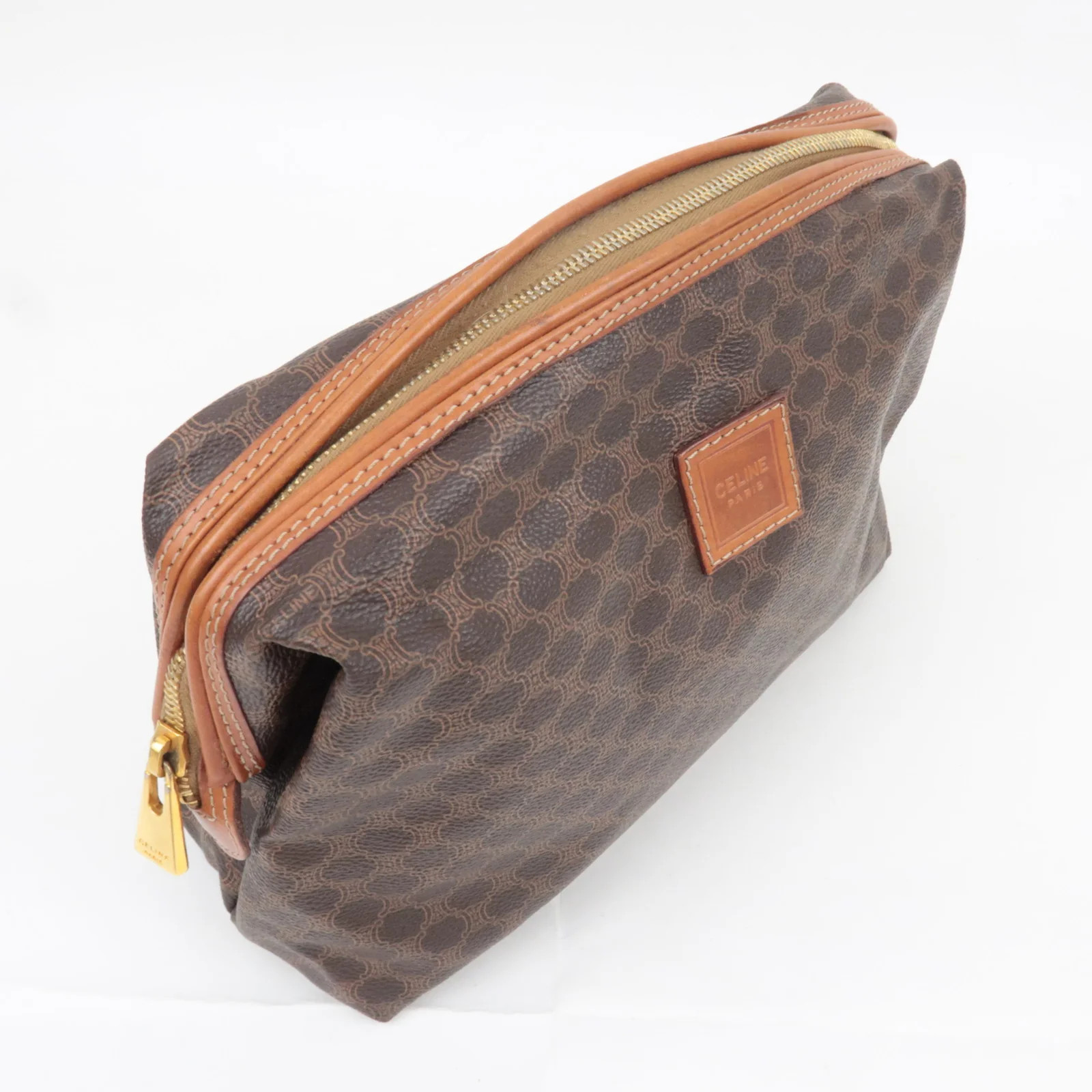 CELINE Macadam PVC Leather Cosmetic Pouch Brown Gold HDW Authentic
