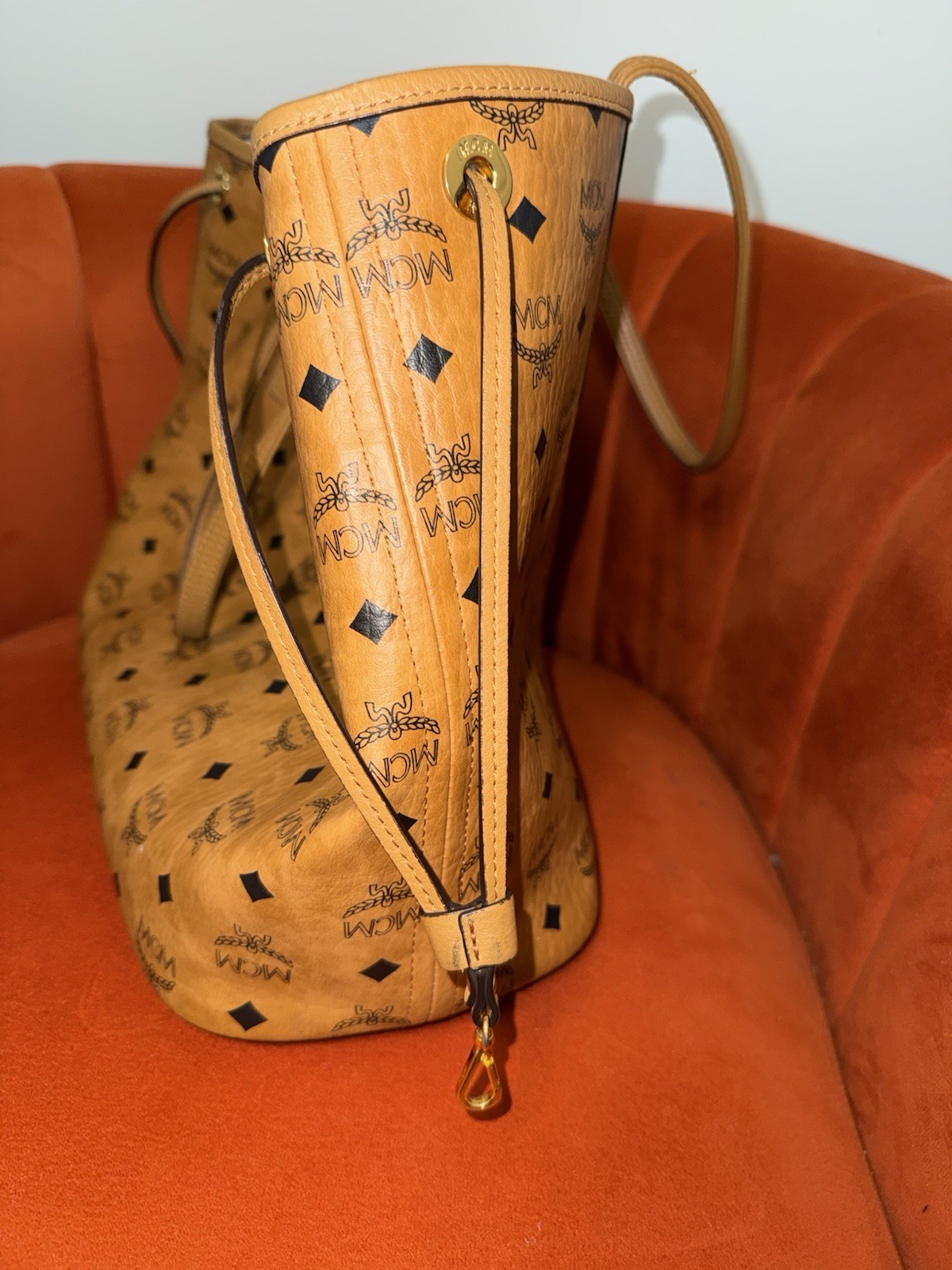 MCM Monogram Brown Tote Bag w/ Pouch, Logo Accents, Inner Pockets, Gold HW
