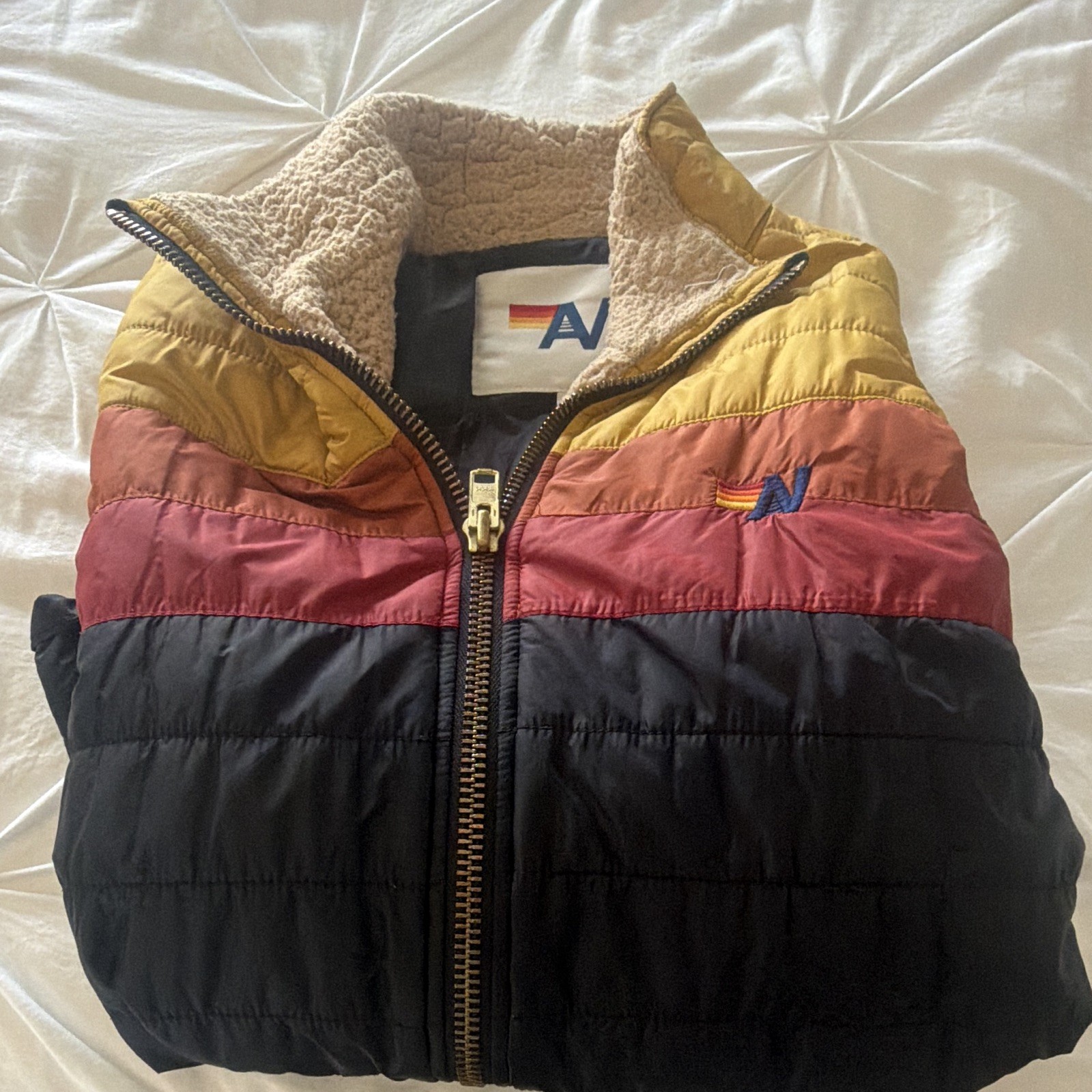 Aviator Nation unisex S Colorblock Puffer Jacket Full Zip Faux Shearling Collar