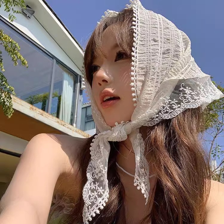 French Lace Triangle Head Scarf – Retro Hair Wrap ,Lightweight Summer Headband