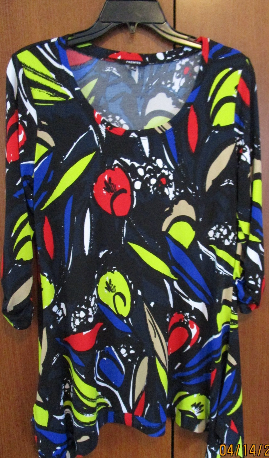 Premise Tunic Top Bright Colors On Black Medium Polyester Spandex Bust 37 L 29.5