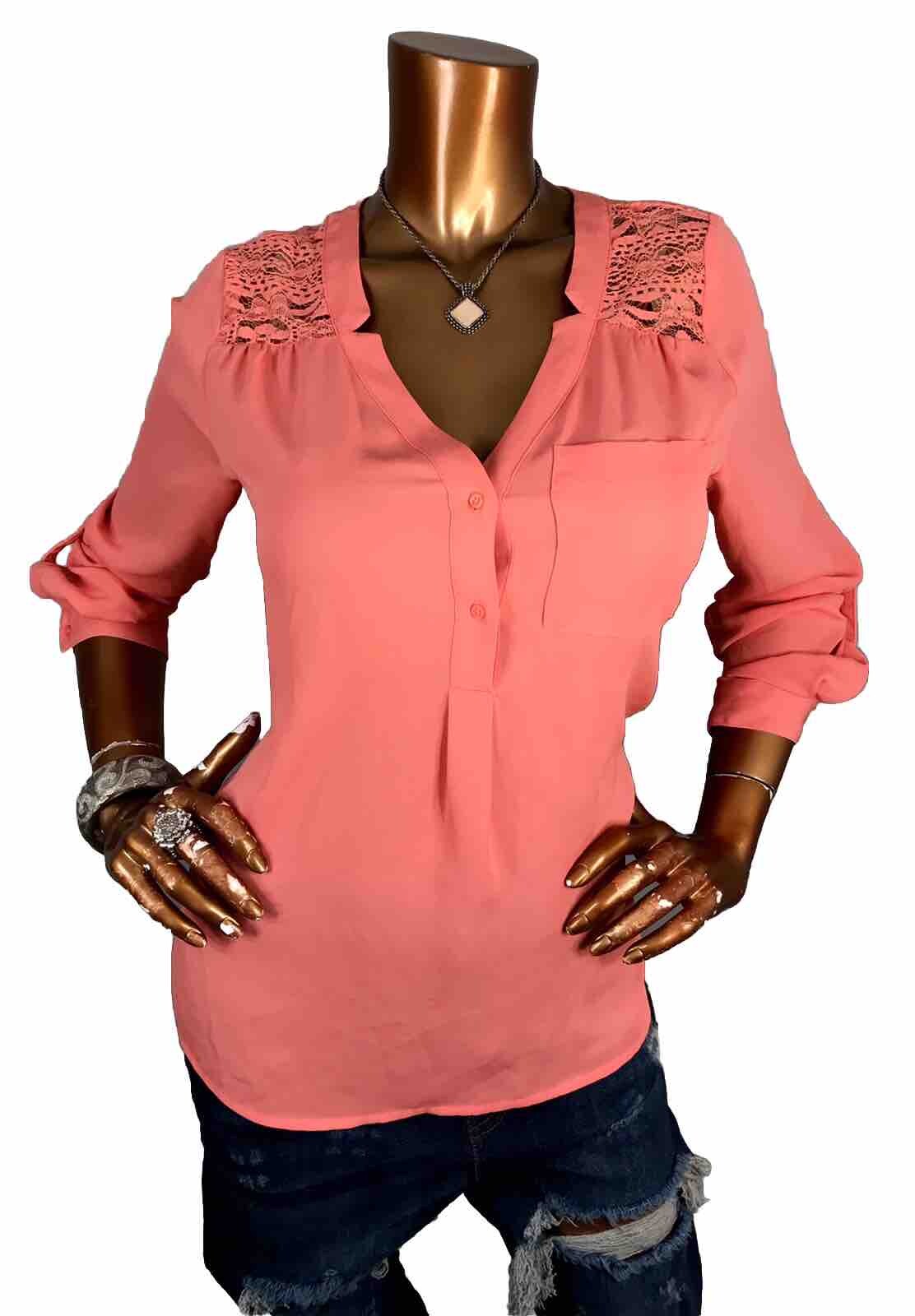 Candie’s L Top Lace Mesh Yoke NWT $38 Coral 1/2 Button Up Shirt Blouse Low V Cut