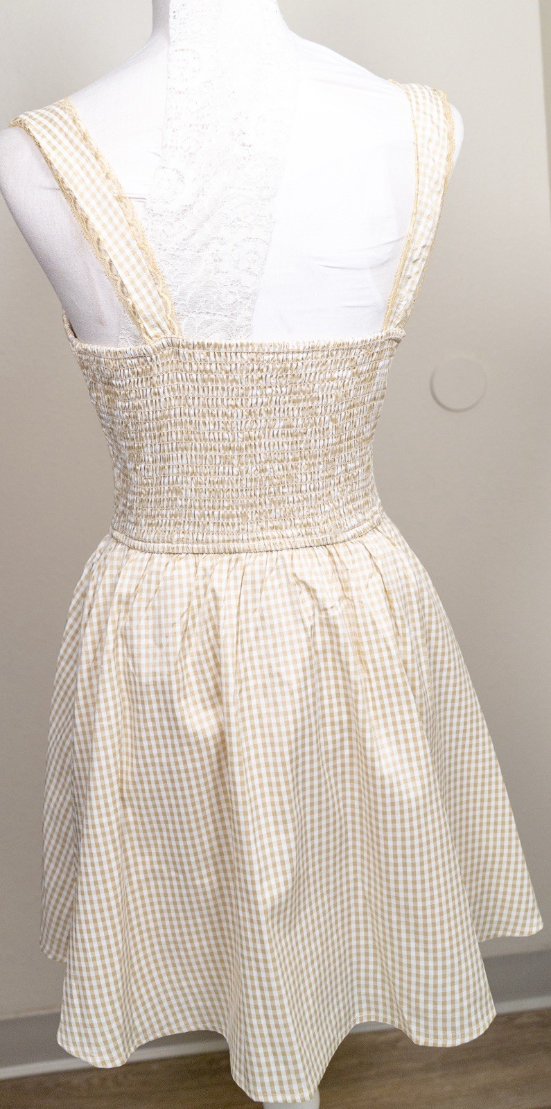 Bailey Rose Womens S Beige White Gingham Sundress Square Neck Smocked Short