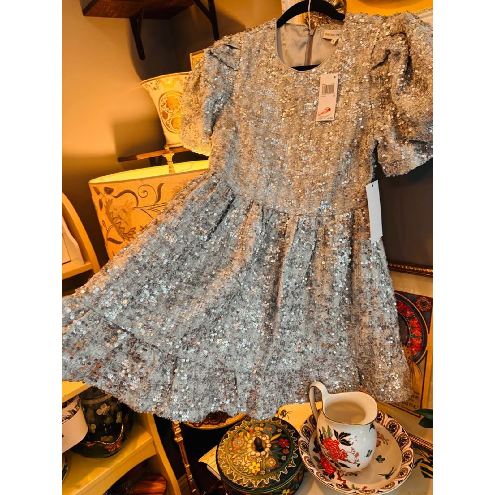 ✨ NWT English Factory Silver Sequin Puff Sleeve Party Dress – Size Small ✨
