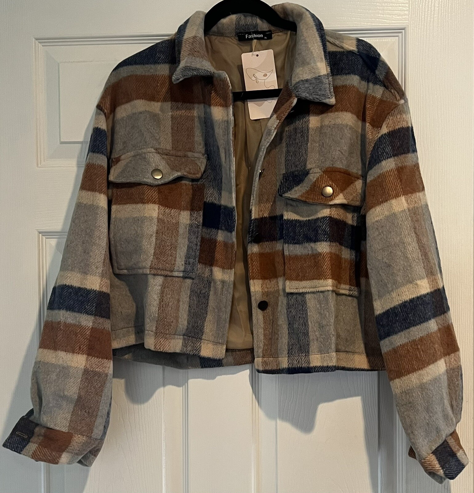 Women’s Crop Flannel Jacket Brown, Gray & Blue Size S Fully Lined