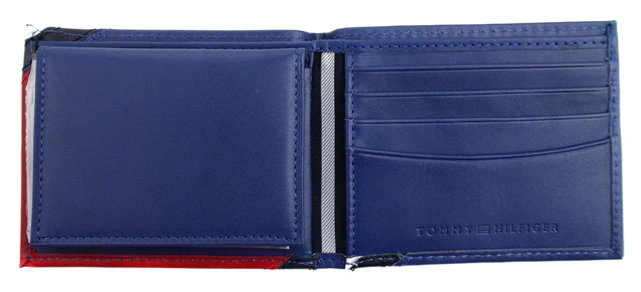 Tommy Hilfiger Men’s Leather Wallet Passcase Billfold Red Navy 31TL22X051
