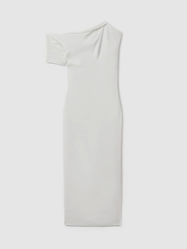 REISS Laurey Draped Bodycon Midi Dress in Ivory