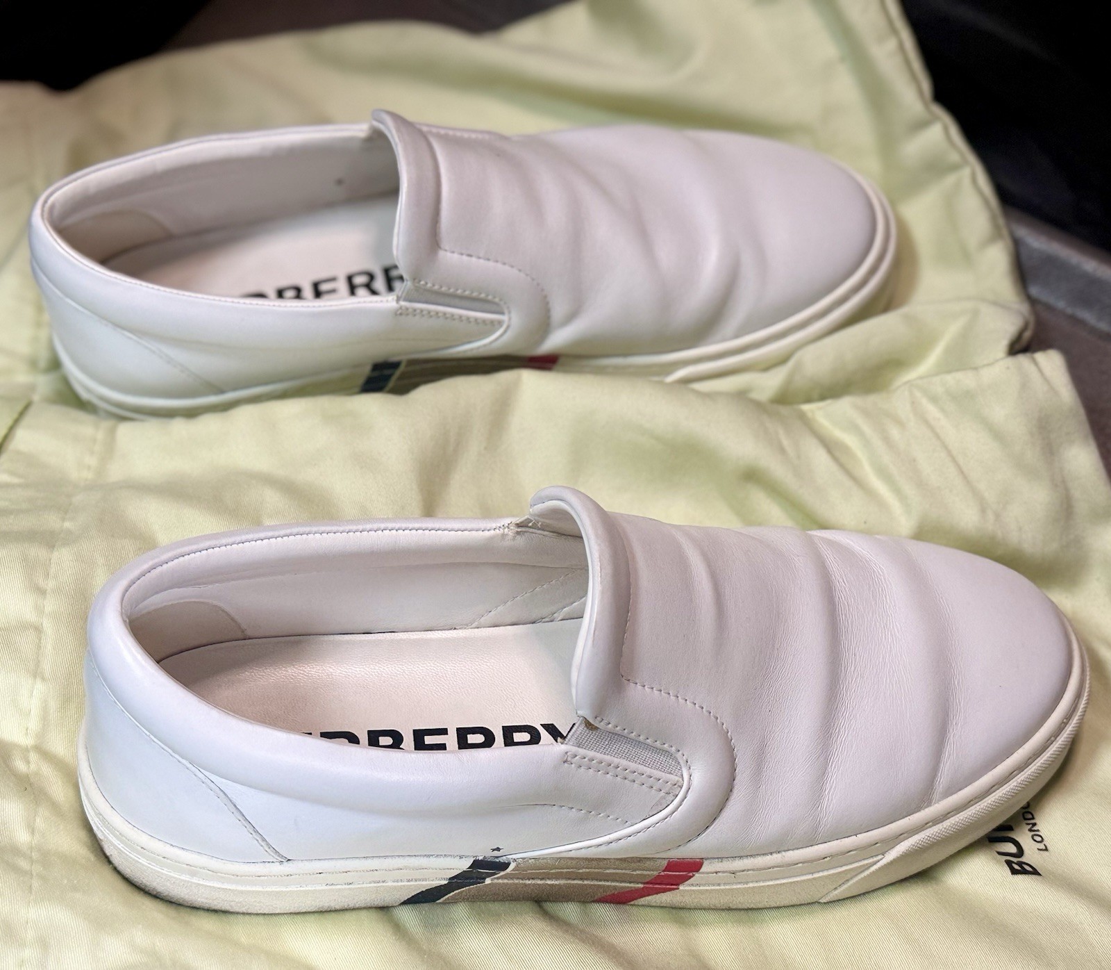 Burberry White Leather Slip-On Casual Shoes, US 11, Rubber Sole, Logo Accent