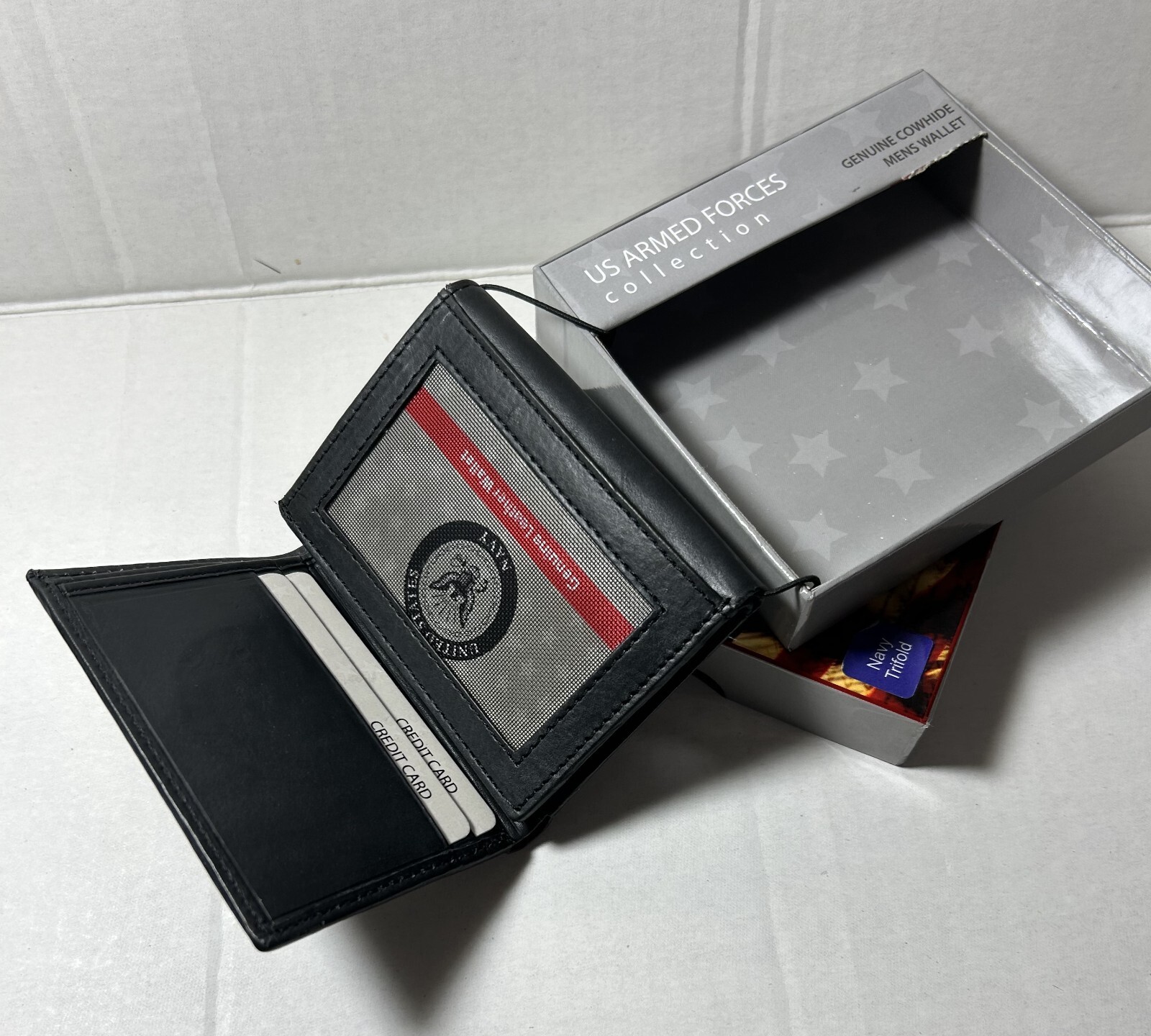 U.S Navy cowhide leather men trifold wallet black embossed New in box