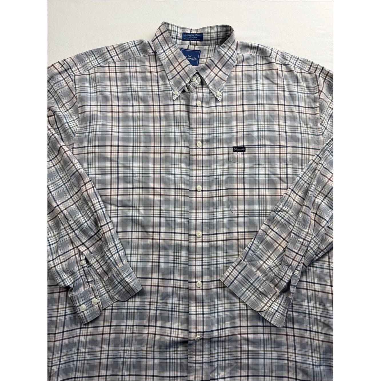 Faconnable Men’s Long-Sleeve Button-Down Plaid Shirt – Light Gray/Blue XL