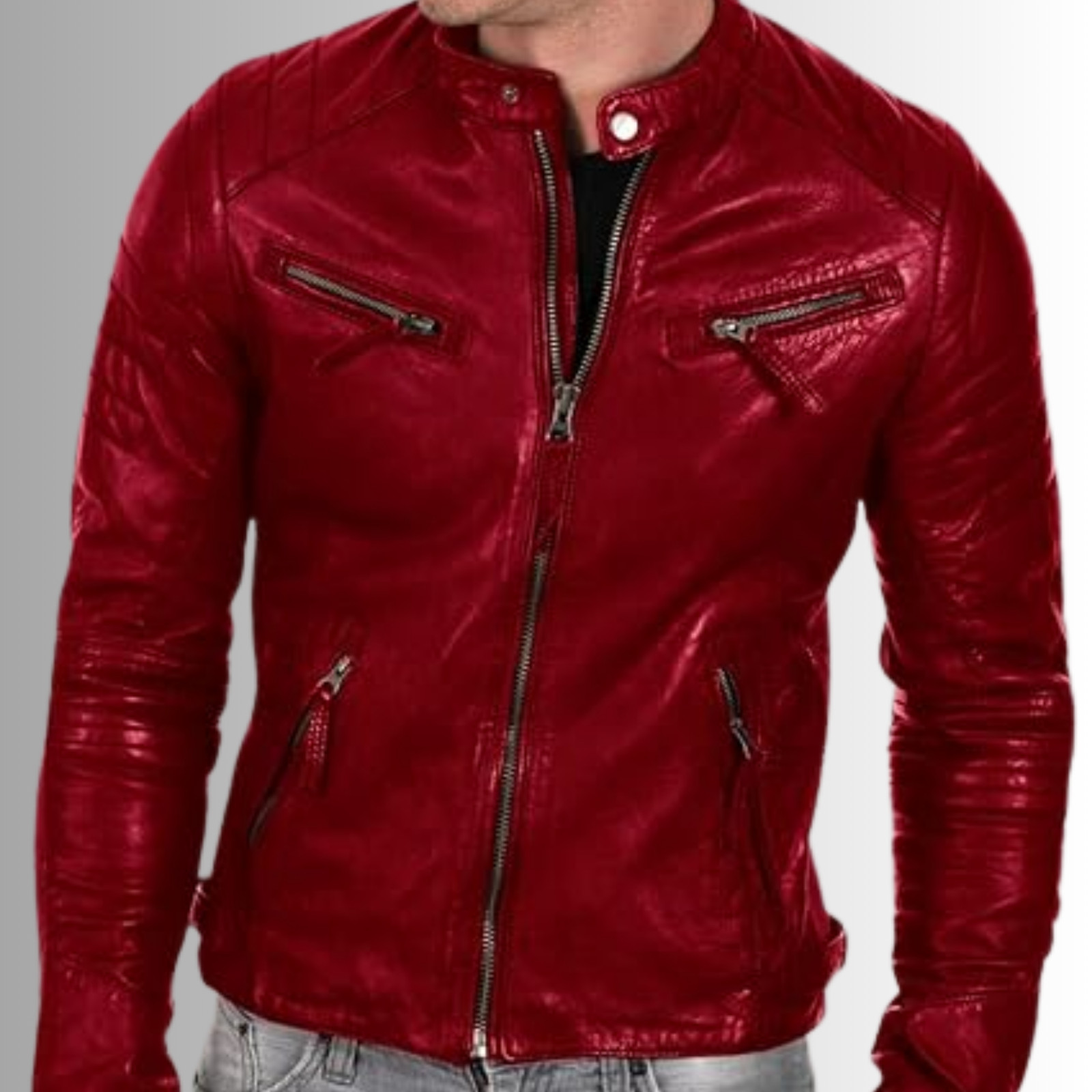 Red Men’s Leather Biker Jacket Slim Fit Moto Quilted Zipper Pockets Coat