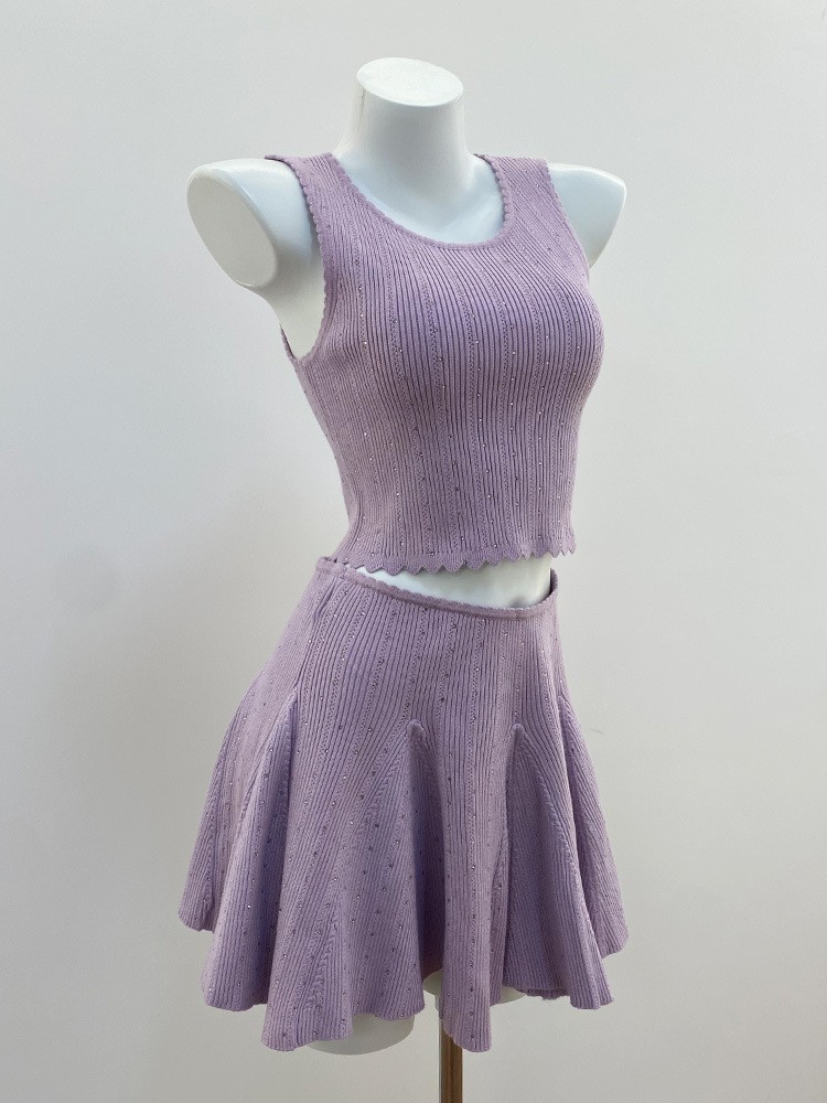 🎁🎁AUTHENTIC Sandro Women Sweet Round Neck Knit Purple Vest Skirt Suit Tops SML