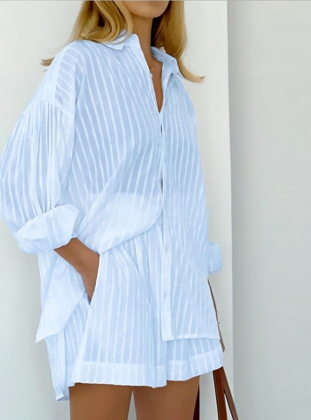 Women Striped 2 Piece Outfit Long Sleeve Button Down Shirt + Casual Short Set