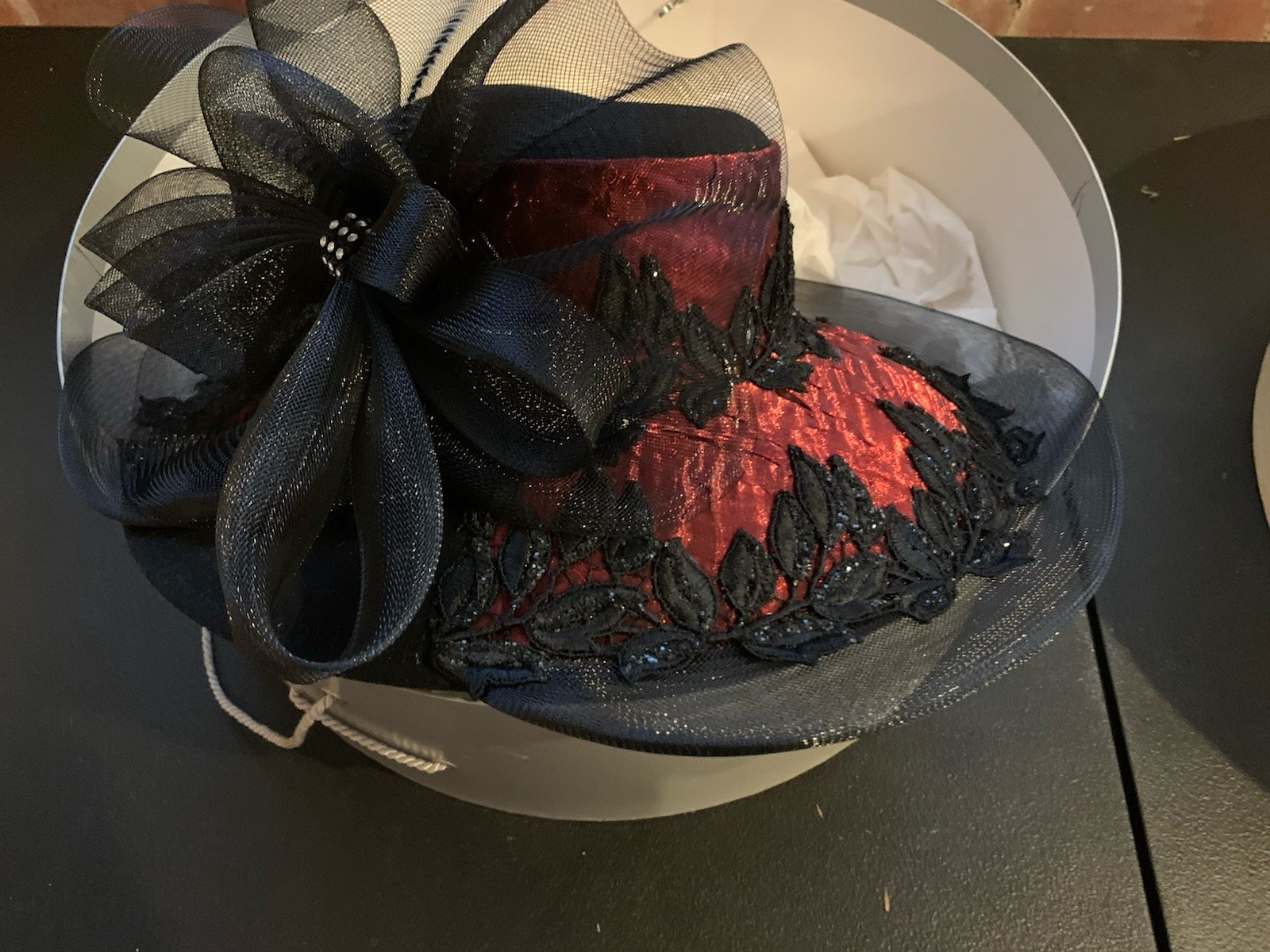 Mr. Song Millinery Hat Victorian Style Striking Red Texture Black Lace With Bow